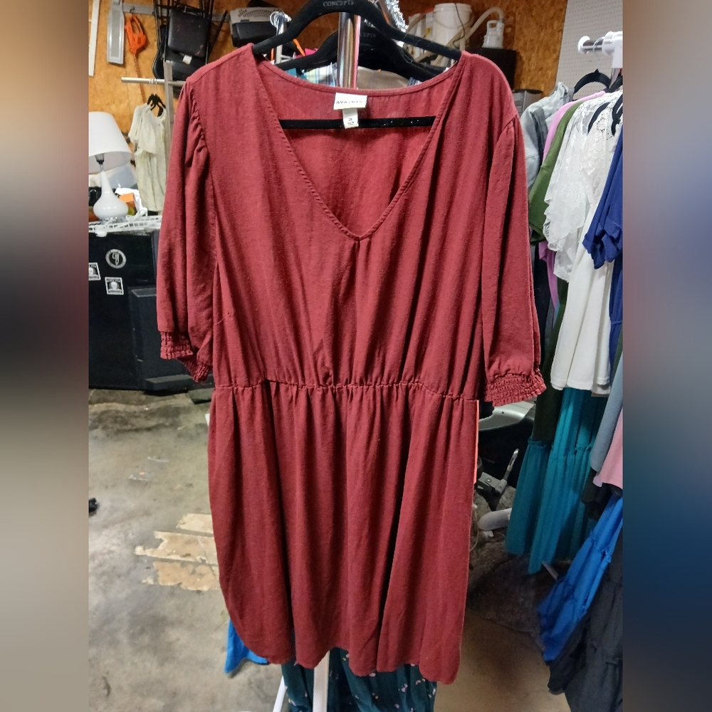 Ava & Viv Linen Blend Cabernet Red Knee Length Dress 3X